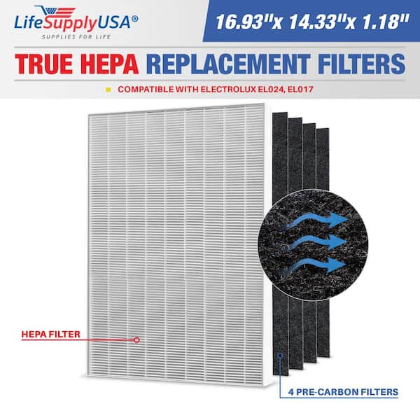 LifeSupplyUSA Complete Filter Set(1-True HEPA Air Cleaner Replacement Plus 4-Carbon Filter) Compatible w/ Electrolux EL024 EL017 EL500