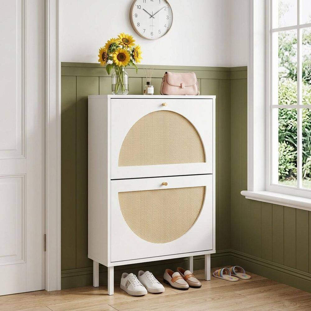 White Shoe Storage Cabinet with 2 Flip Drawers, Rattan Door Shoe Organizer with Metal Legs, 34.29 in. 8-Pair Shoe Rack