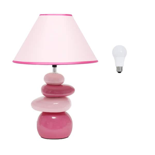 17.55 in. Shades of Pink Stacked Ceramic Stone Table Lamp with LED Bulb Included