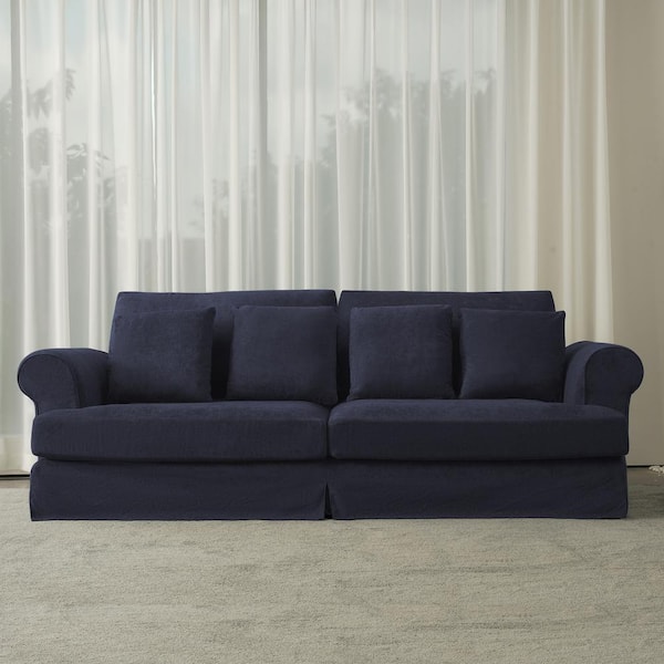 Lesly 102 in. Wide Lazy Style Round Arm Cotton and Linen Fabric Removable Covers Rectangle 2-Seater Sofa in Navy Blue