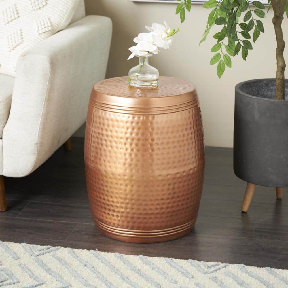 Copper Hammered Metal Drum Shaped Accent Table