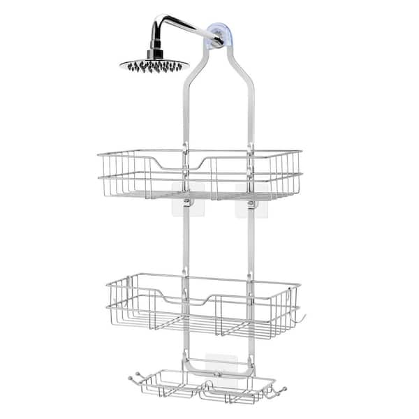 Oumilen Over Head Shower Caddy Basket with Hooks, 3-Layers Bathroom Storage Rack Shelf in Silver