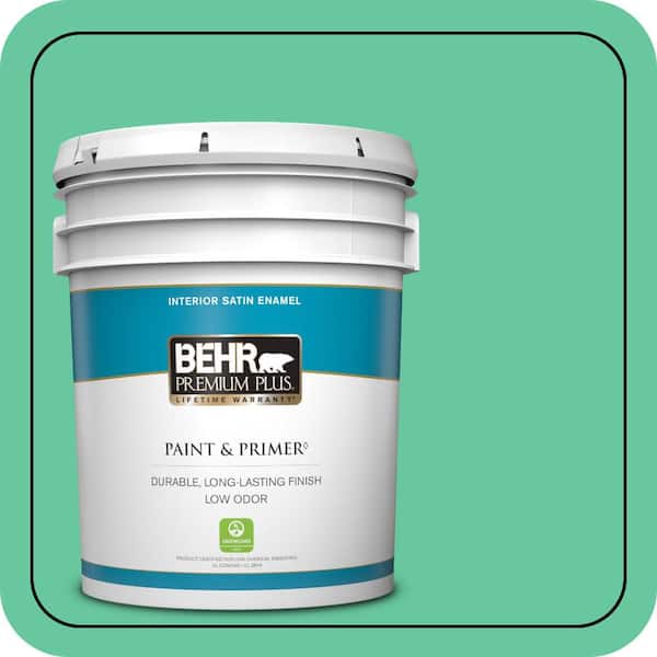 BEHR PREMIUM PLUS 5 gal. #470B-4 Intense Jade Satin Enamel Low Odor Interior Paint & Primer