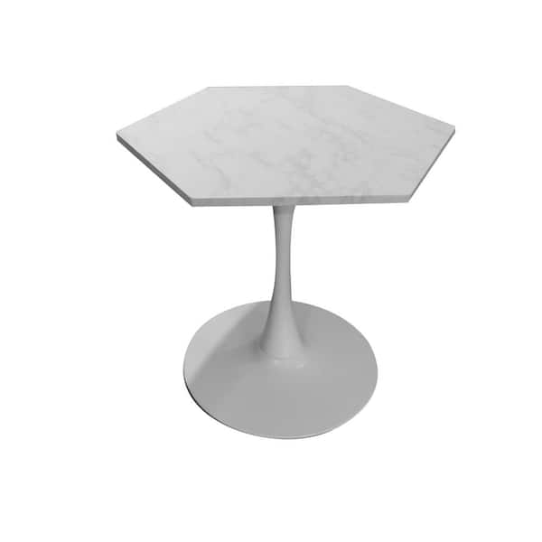 Tenleaf 31.50 in. Outdoor Coffee Table with Printed White Marble Table Top, and Metal Base