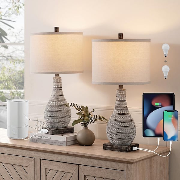24 in. Distressed Wood Table Lamp Set of 2 with Outlets and USB Ports and Touch Switch