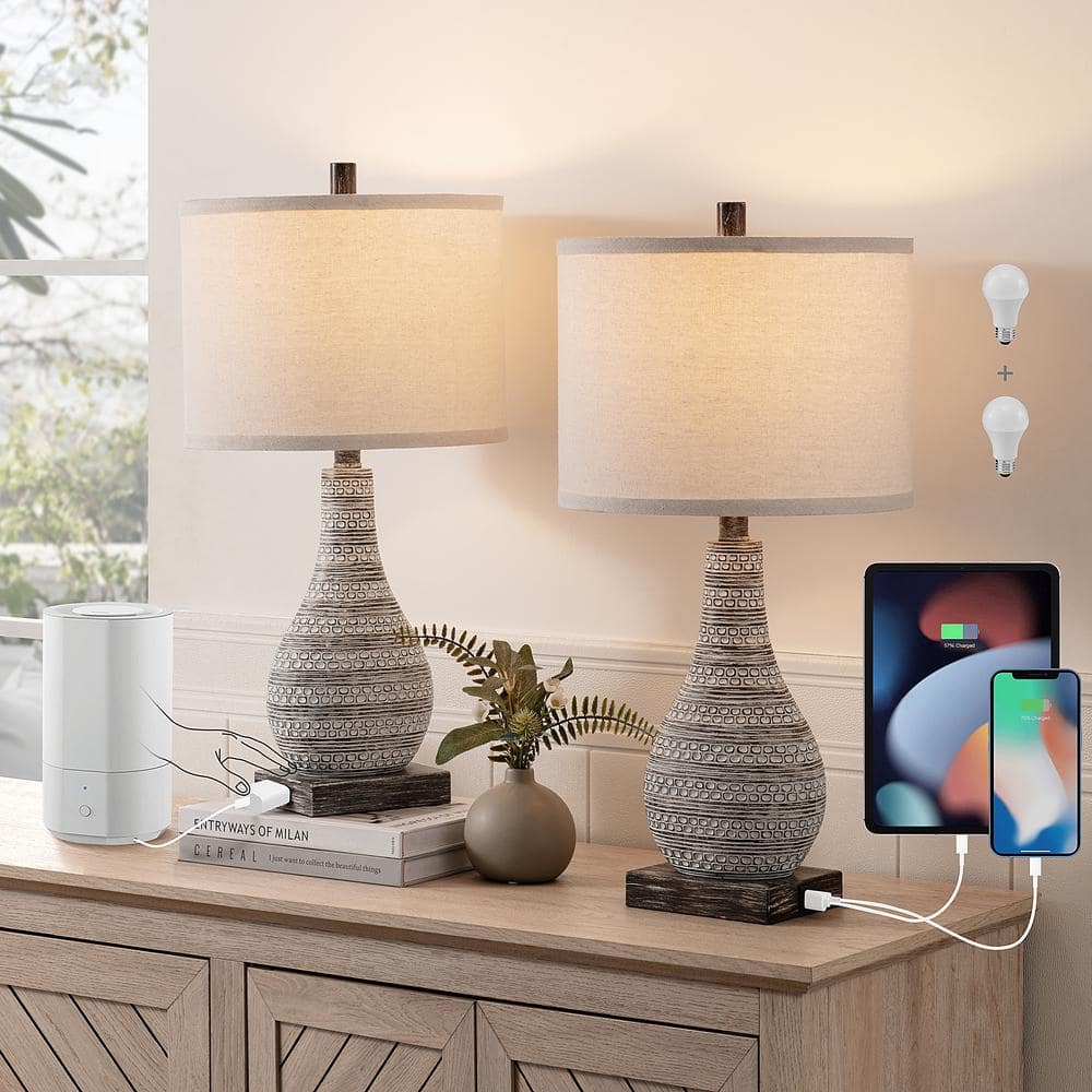 Sana 24'' Distressed Brown Farmhouse Table Lamp Set with USB Ports