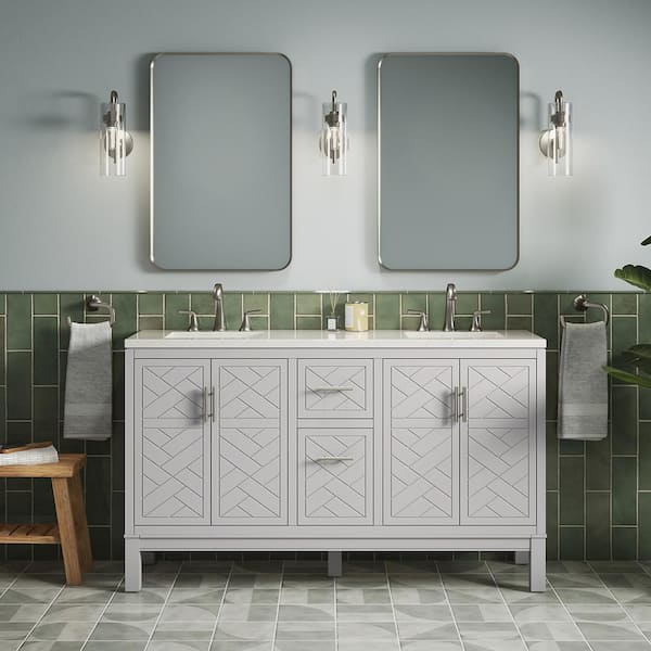 KOHLER Accra 60in. Double Sink Freestanding Atmos Grey Bath Vanity with Bianco Bella Quartz Top Assembled