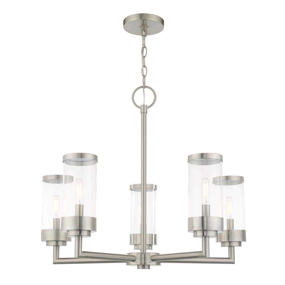 Brushed Nickel 5-Light Outdoor Chandelier with Clear Glass Shades