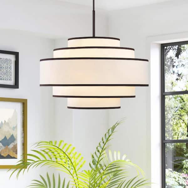 30 in. 7-Light Bronze Tiered Drum Chandelier with White Fabric Shades