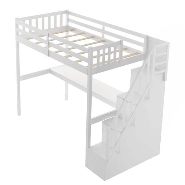 HomeRoots Amelia White Twin Loft Bed with Stairs and Drawers
