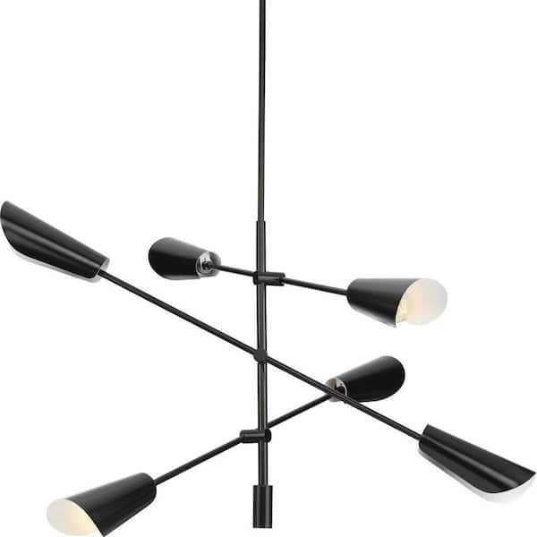 Progress Lighting Cornett 44.12 in. 6-Light Matte Black Mid-Century Modern Chandelier for Dining Rooms, Great Rooms, Bedrooms