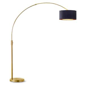 Orbita 82 in. Antique Brass Furnish LED Dimmable Retractable Arch Floor Lamp, Bulb Included with Drum Black/Gold Shade