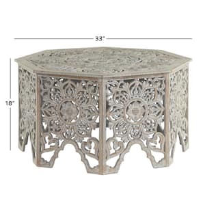 33 in. Light Gray Medium Octagon Wood Handmade Intricately Carved Floral Coffee Table with Hollow Interior