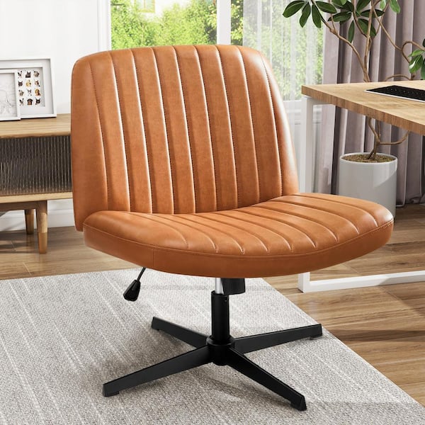 WONDER COMFORT Faux Leather Seat Adjustable Height Ergonomic Drafting Chair in Brown with Armless, Criss Cross Legged and No Wheels