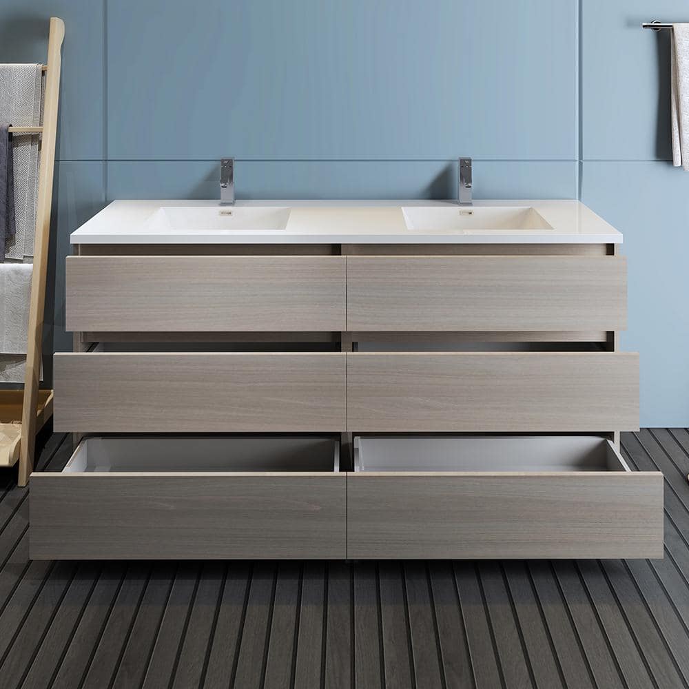 Gray Wood 72" Freestanding Double Sink Bathroom Vanity with Acrylic Top