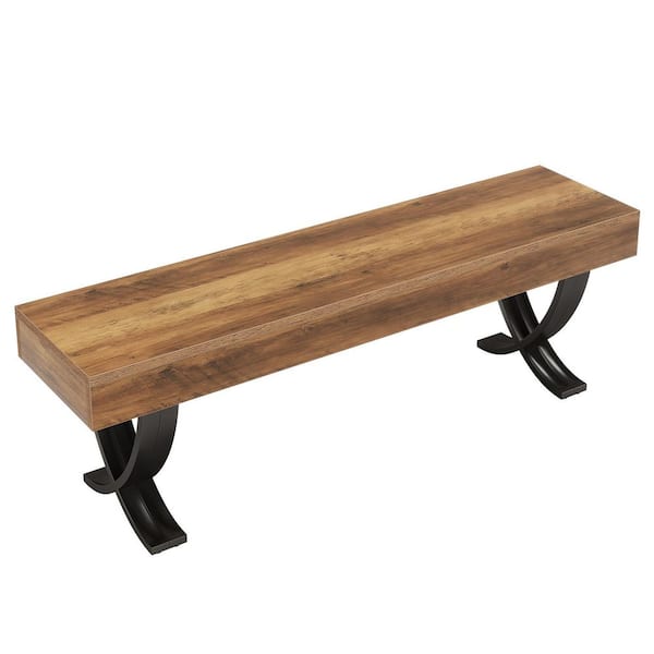 Brown Farmhouse Dining Bedroom Bench Wooden Kitchen Table Seat with Metal X-Shaped Legs 55 in. for Dining Room, Entryway