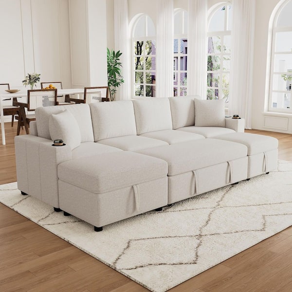 109.1 in. Square Arm Chenille L-Shaped Sofa with Sofa Bed and Ottoman in Beige (Seats 4)