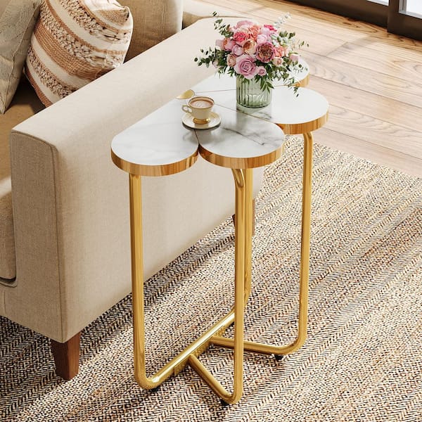 Kerlin 24 in. White Flower Faux Marble End Table with Gold Metal Frame, Side Table Nightstand for Bedroom, Living Room