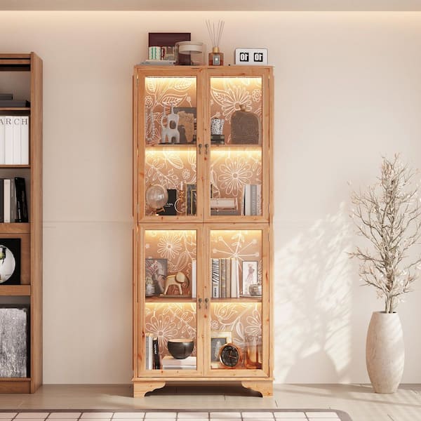 74.2 in. Tall Natural Wood Cedar and Tempered Glass 4-Shelf Bookcase with LED Lights, China Cabinet, Storage Organizer