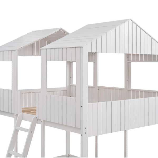 Harper & Bright Designs White Full Over Full Wooden Bunk Bed with Roof, Window, Safety Guardrail, and Ladder