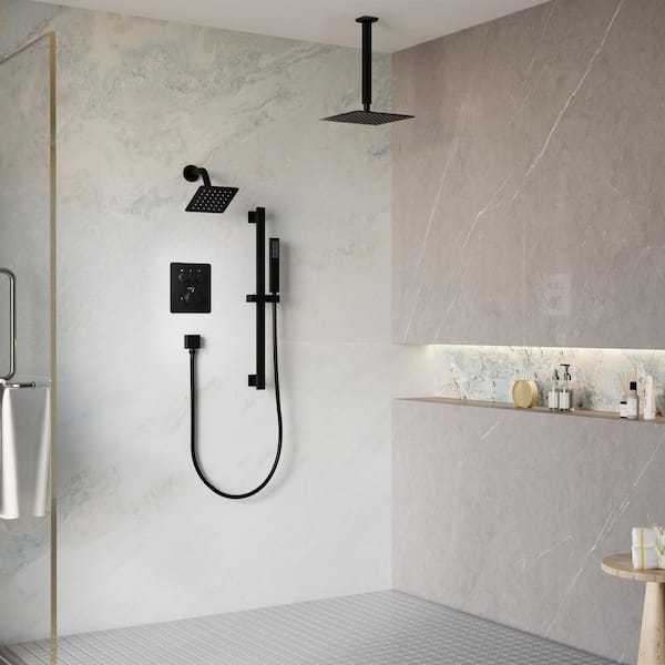3-Function Square Ceiling Mount 10 in. and 6 in. Dual Shower Faucet System Sliding Bar in Matte Black Valve Included