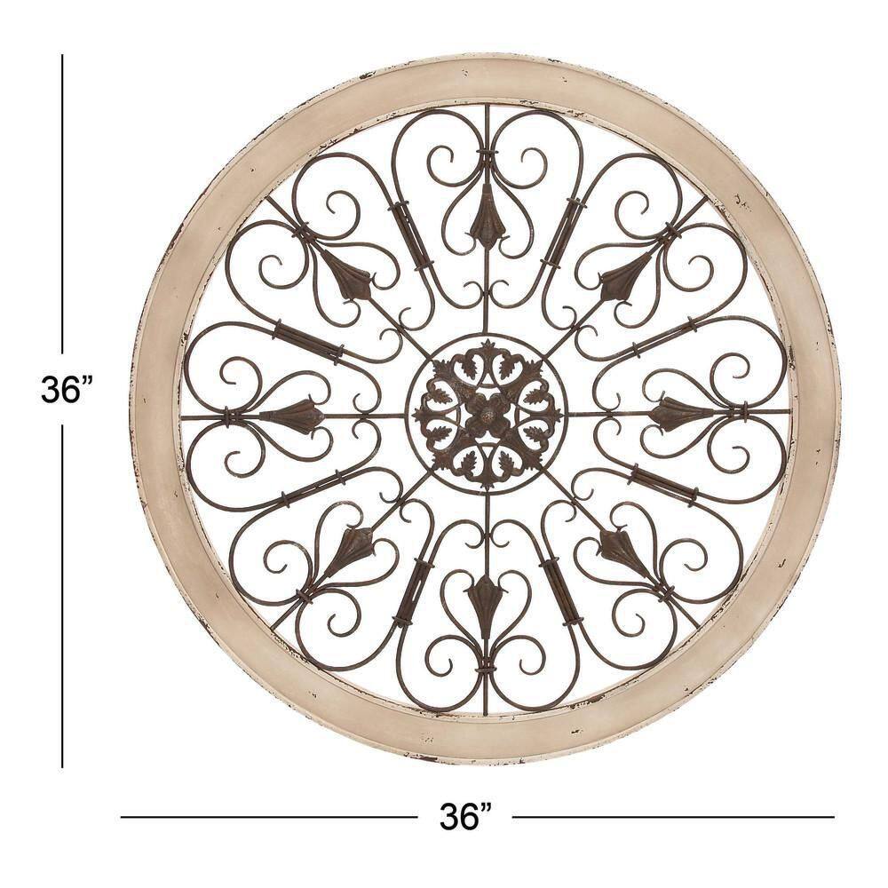 White Distressed Wood and Iron Scroll Wall Decor, 36" Round