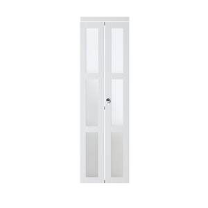 24 in. x 80.5 in. 3-Lite Tempered Frosted Glass Solid Core MDF White Primed Bi-Fold Door with Hardware Kit