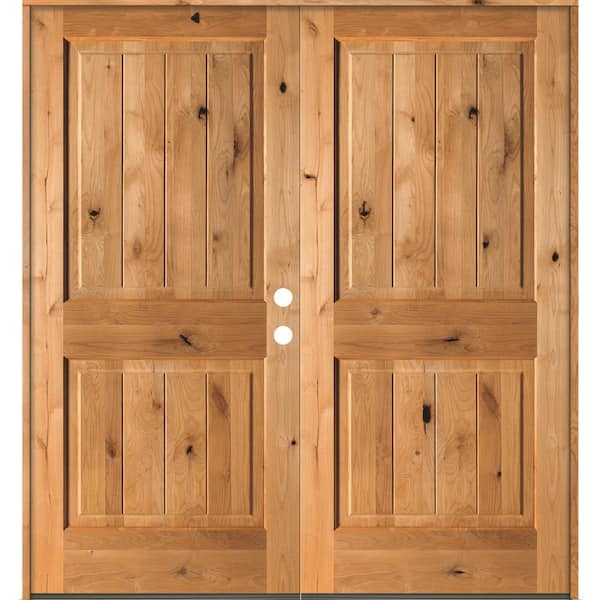 Krosswood Doors 72 in. x 80 in. Rustic Knotty Alder Square Top Clear Stain /V-Groove Left-Hand Inswing Wood Double Prehung Front Door