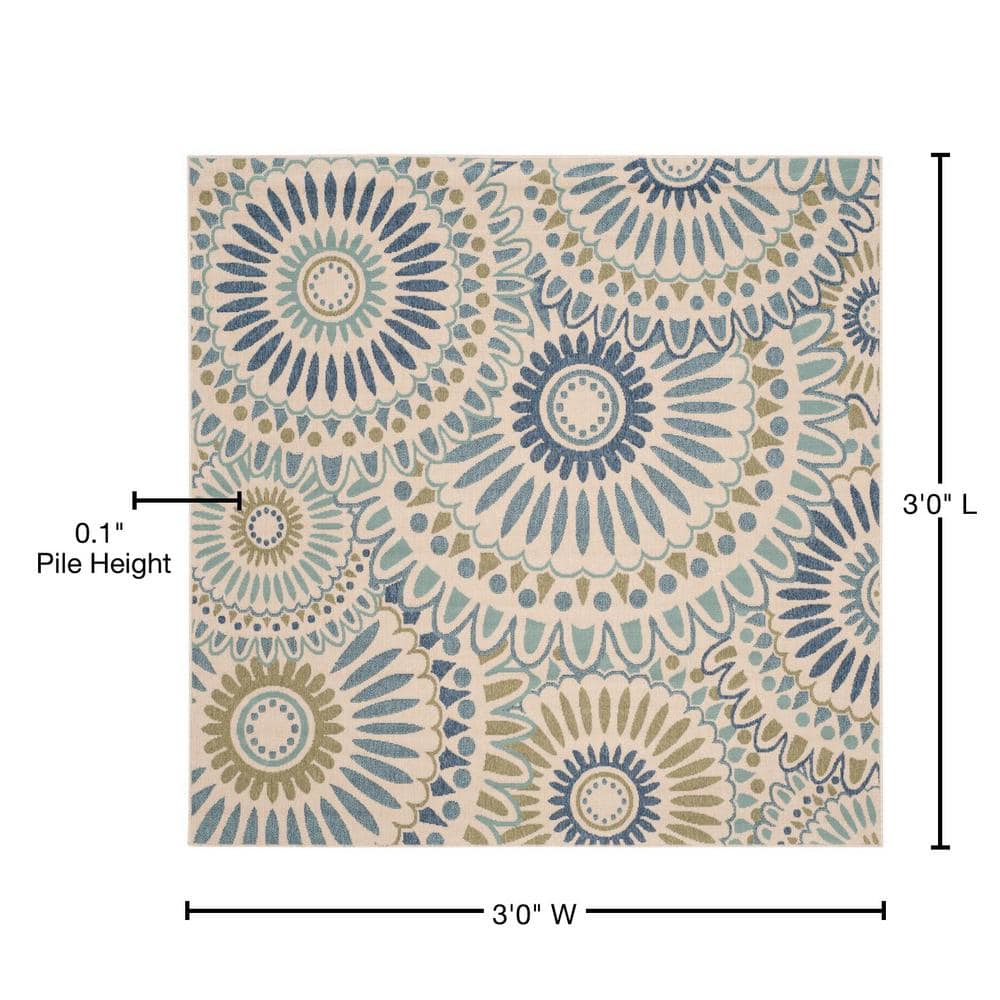 Cream and Green Synthetic Square Indoor/Outdoor Rug 3' x 3'