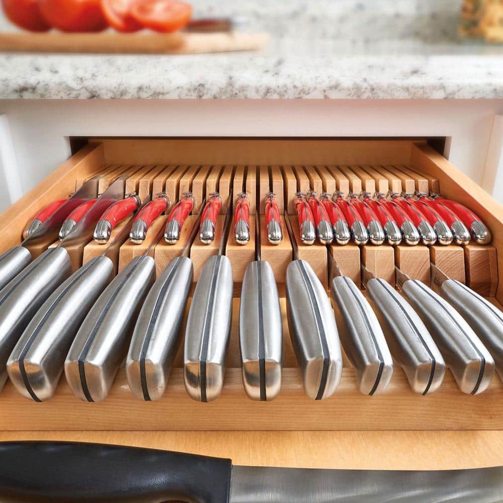 Natural Maple Wood Dual Row Knife Block Drawer Organizer Insert
