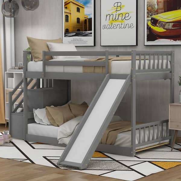 Qualler Gray Twin Over Twin Bunk Bed with Convertible Slide and Stairway