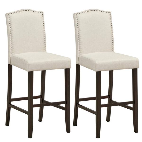 Gymax Nailhead Bar Stools 31 in. H High Back with Rubber Wood Legs Beige (Set of 2)