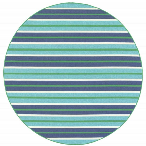 Blue, Green 8 ft. x 8 ft. Loomed Geometric Polypropylene Round Indoor/Outdoor Area Rug