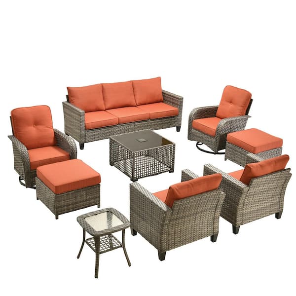 New Vultros Gray 9-Piece Wicker Patio Conversation Set with Orange Red Cushions and Solar LED Coffee Table