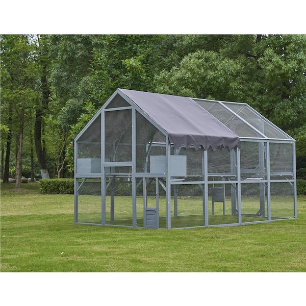 111.5 in. x 74.25 in. x 72.52 in. Large Metal Cat Enclosure with Platform, Upgraded Waterproof Cover, Grey