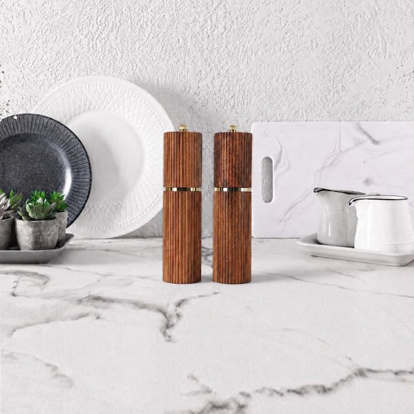 Wooden Salt and Pepper Grinder Set with Adjustable Coarseness, Refillable Acacia Wood Mill with Matching Tray