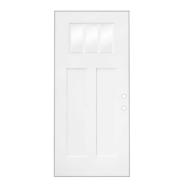 36 in. x 80 in. Left-Hand/Inswing Craftsman 1/4 Lite 3 Lite Clear Glass Primed White Smooth Fiberglass Front Door Slab