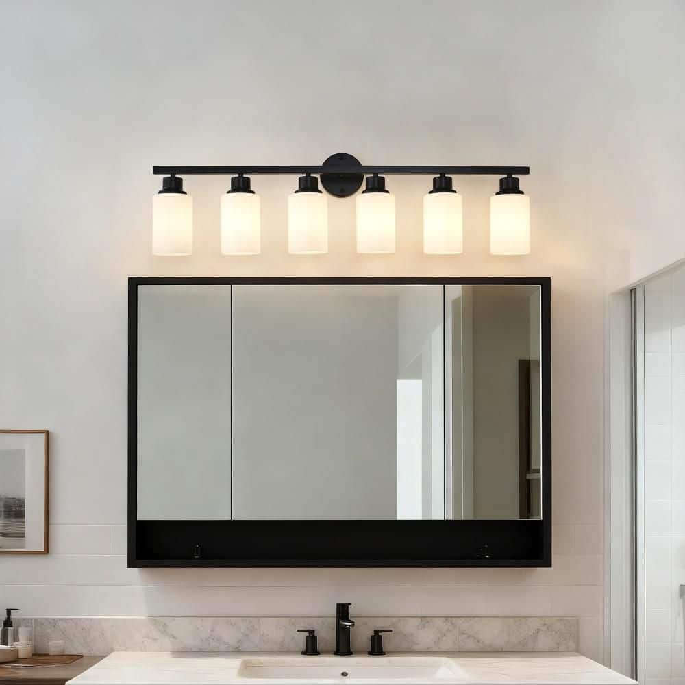 38 in. 6-Light Bathroom Fixtures Vanity Lights for Mirror with Textured Milky White Glass Shade, Wall Sconce Light Black price history on PriceWatchPro