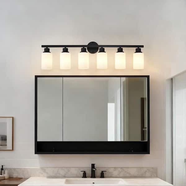 38 in. 6-Light Bathroom Fixtures Vanity Lights for Mirror with Textured Milky White Glass Shade, Wall Sconce Light Black