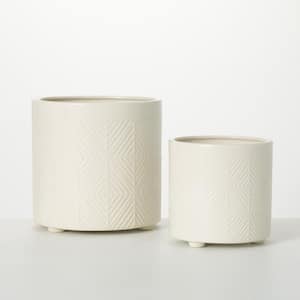 8 in. and 6 in. Cream Diamond-Textured Footed Ceramic Pots (Set of 2)