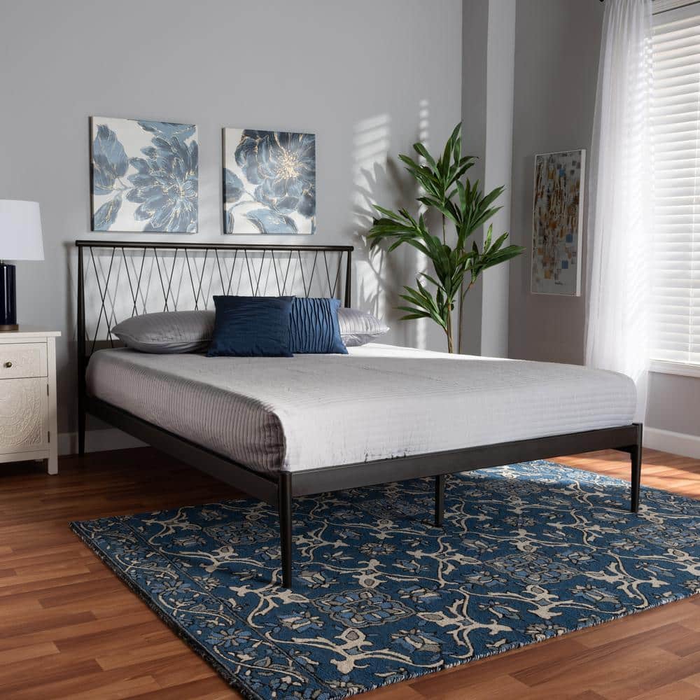 Full Black Metal Platform Bed with Crisscross Headboard