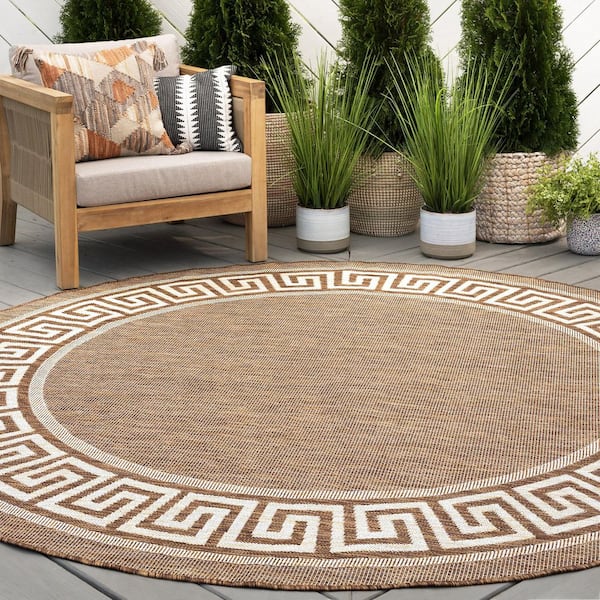 Eco Greek Key Brown 6 ft. Round Indoor/Outdoor Area Rug