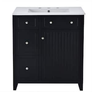 30 in. W Freestanding Bathroom Vanity in Black with White Ceramic Basin, Double-Layer Drawer and Adjustable Shelf