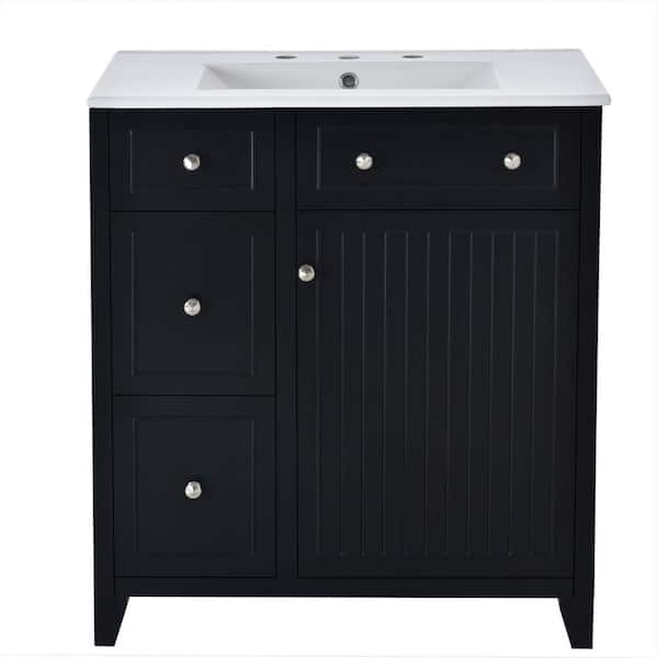 Lycvki 30 in. W Freestanding Bathroom Vanity in Black with White Ceramic Basin, Double-Layer Drawer and Adjustable Shelf