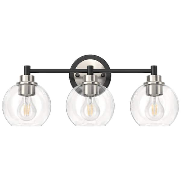 Merra 19.5 in. 3-Light Black & Nickel Vanity Light with Clear Glass Shade E26 Sockets for Bathroom Bedroom Hallway Living Room