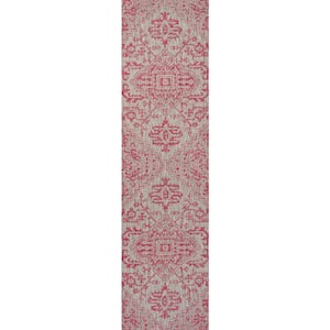 Estrella Light Gray/Fuchsia 2 ft. x 10 ft. Bohemian Medallion Textured Weave Indoor/Outdoor Area Rug