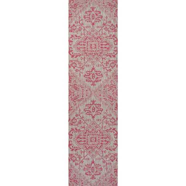 Estrella Light Gray/Fuchsia 2 ft. x 10 ft. Bohemian Medallion Textured Weave Indoor/Outdoor Area Rug