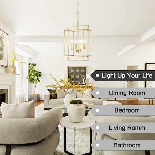 4-Light Gold Modern Geometric Rectangle Lantern Hanging Ceiling Chandelier Kitchen Island Pendant Light ADSENSTY Chandeliers