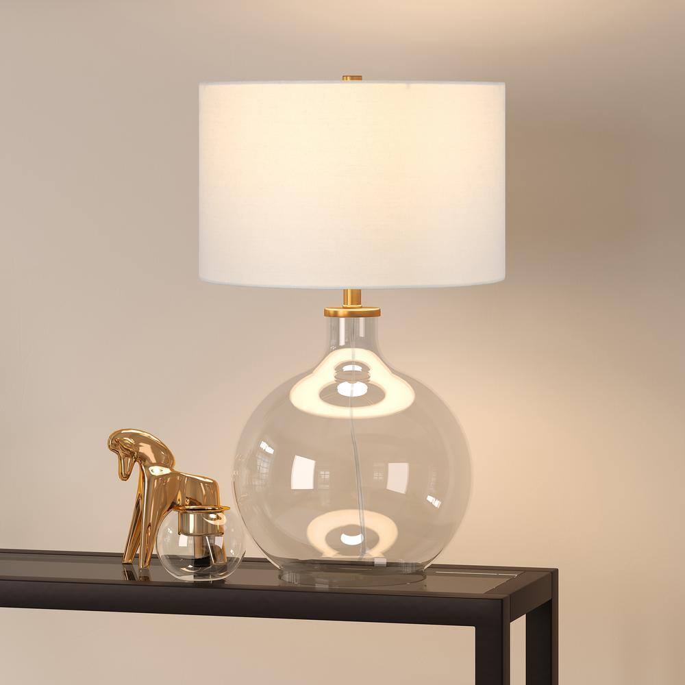 Clear Glass and Brass Nightstand Lamp with White Barrel Shade