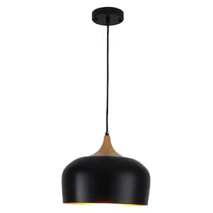 60 -Watt 1-Light Black Pendant Light with Dome Wood Color Shade, No Bulbs Included